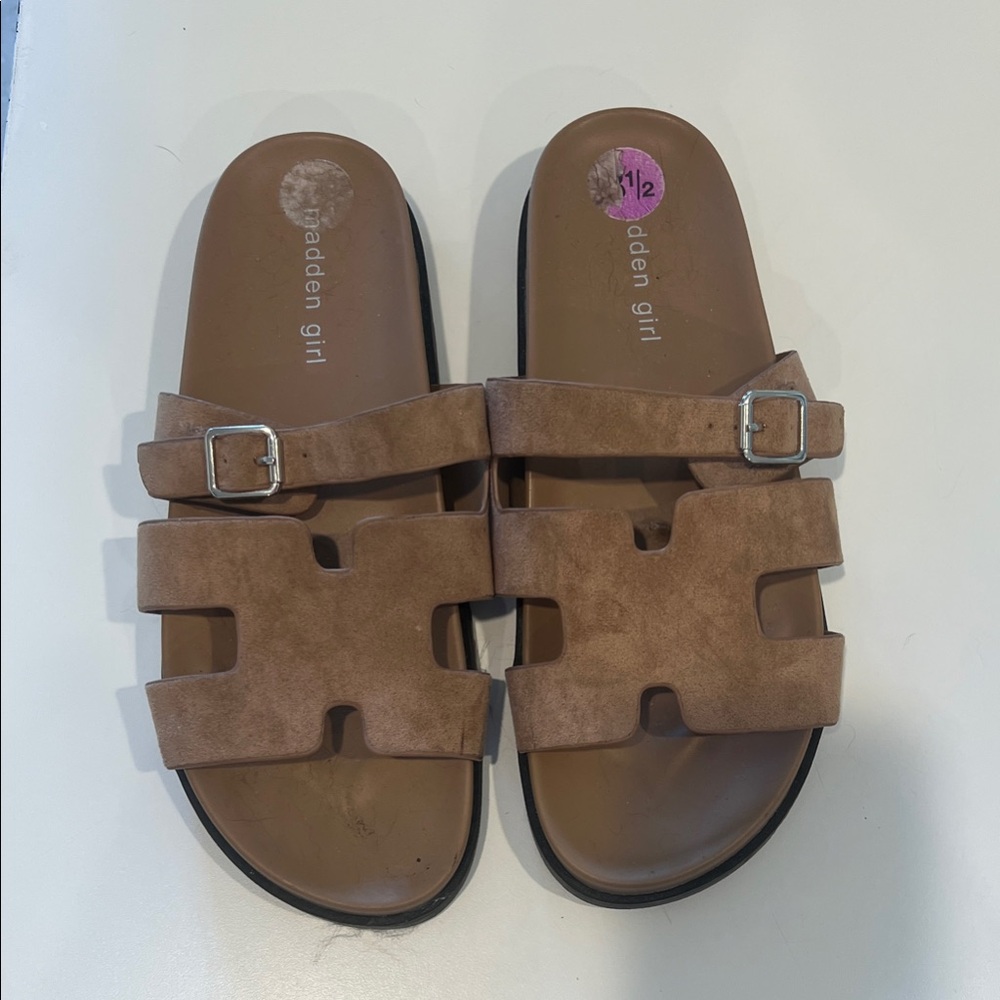 Madden Girl Tan Buckle Slide Sandals